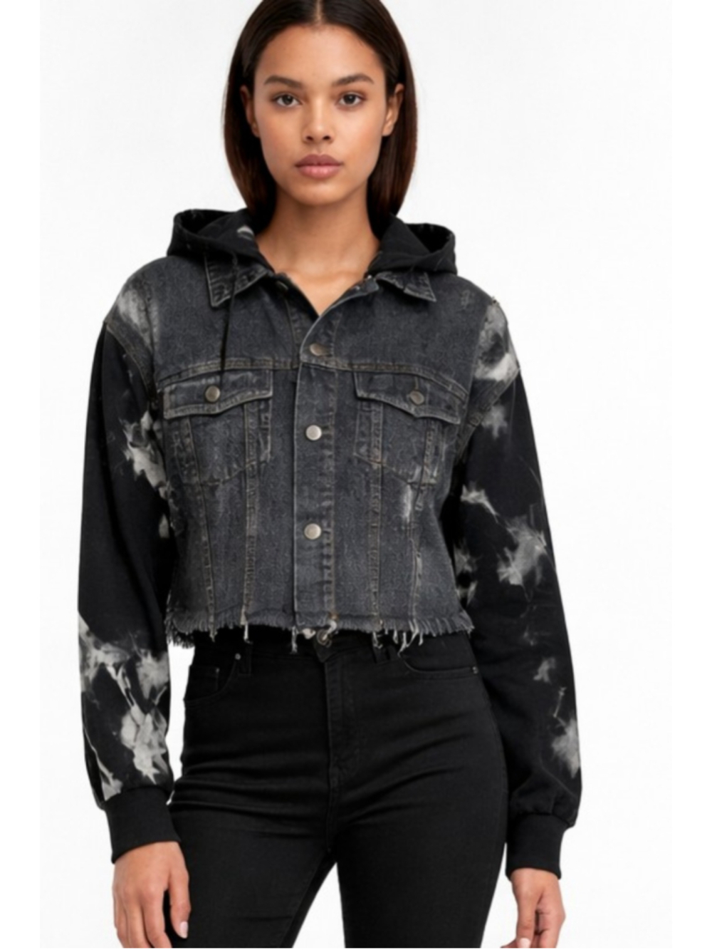 Dance & Marvel NWT Black Cropped Jean Jacket Size Small removable hood